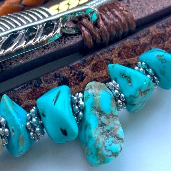 Western Multi Strand Boho Cuff Bracelet – PU Leather with Faux Turquoise - Picture 6 of 9